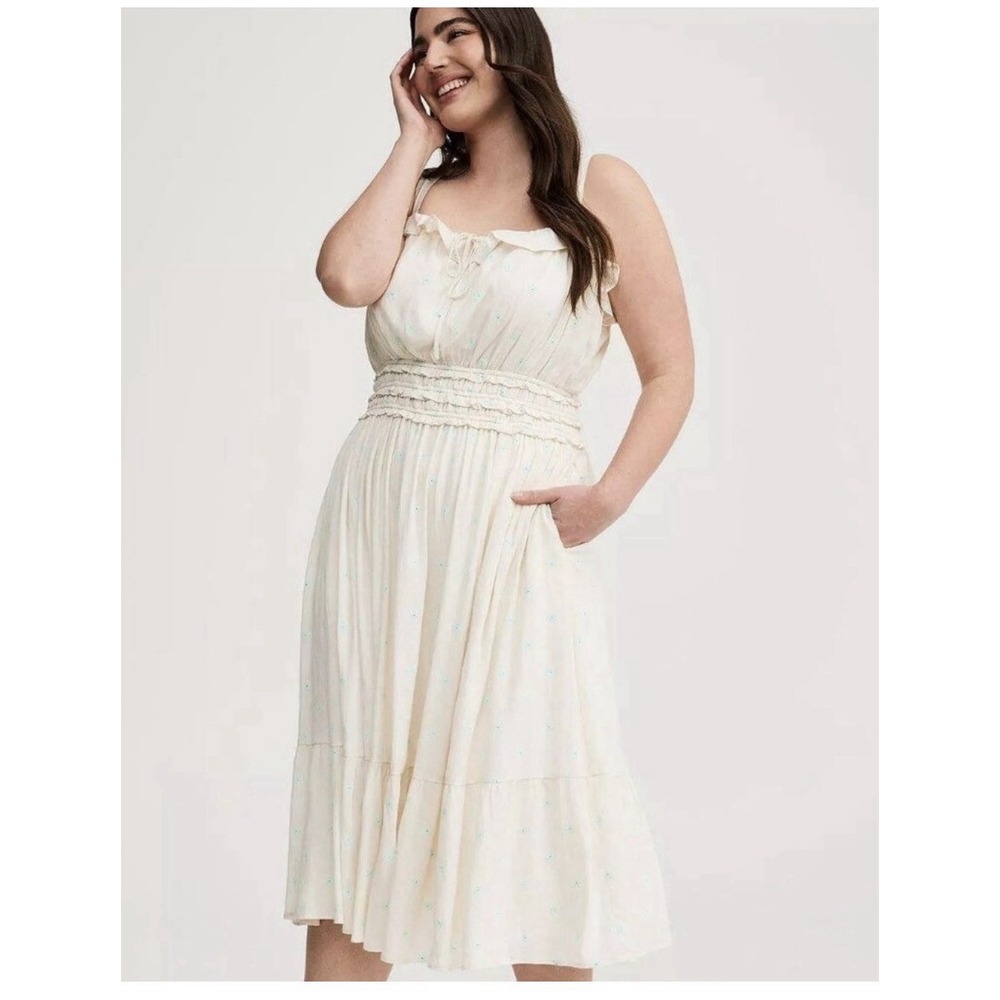 New Torrid Midi Gauze Dress Lace Bodice Size 3 Ivory Blue Daisy Summer Ruffle